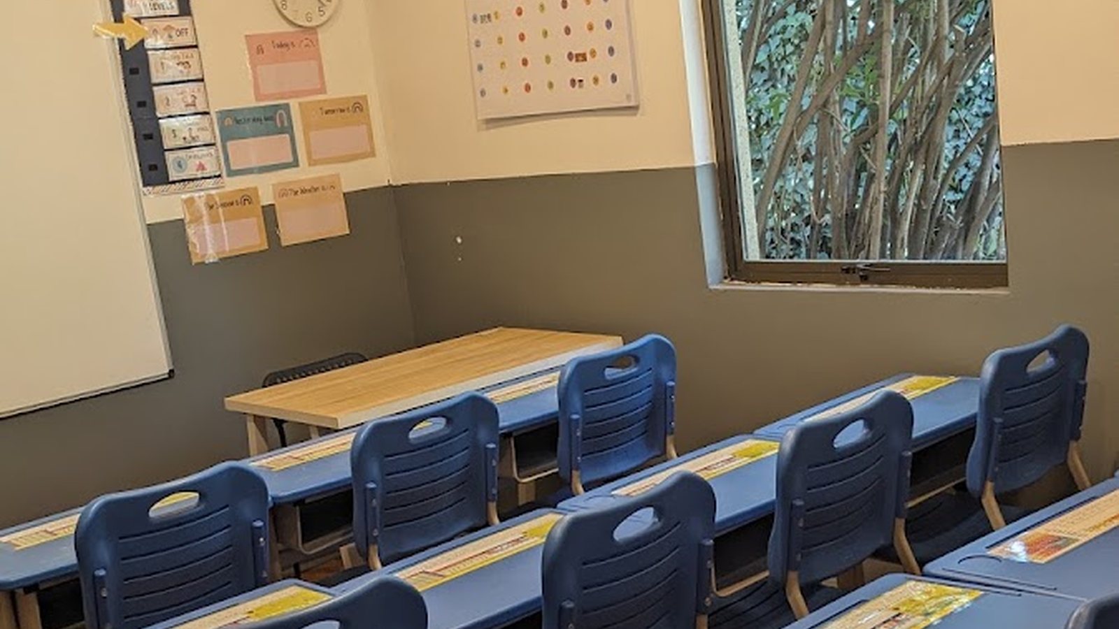 Sala de clases de CrossWay con los carteles del curso en inglés